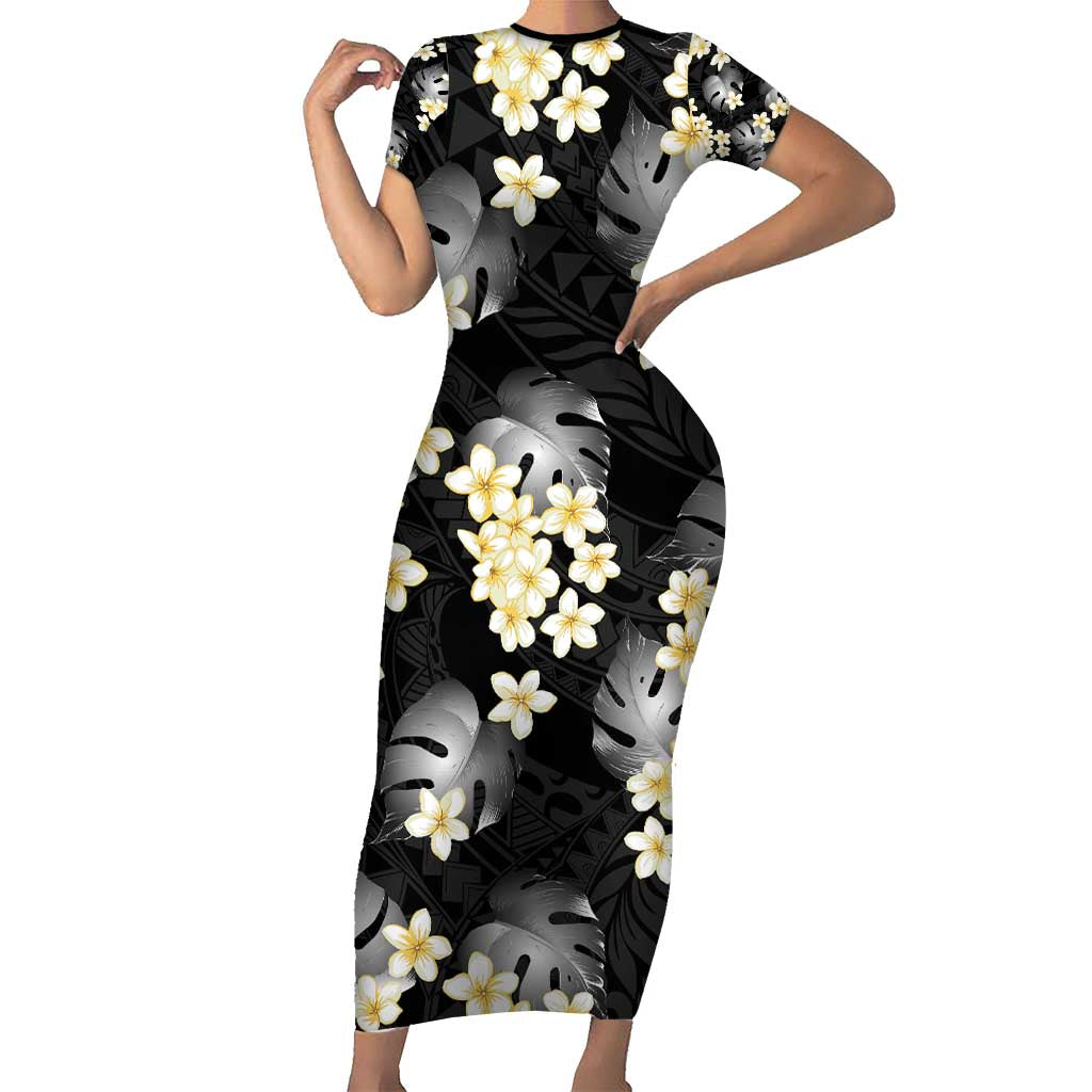 Black Tropical Hawaii Family Matching Short Sleeve Bodycon Dress and Hawaiian Shirt Seamless Monstera Plumeria Hawaiian Pattern LT14 Mom's Dress Black - Polynesian Pride