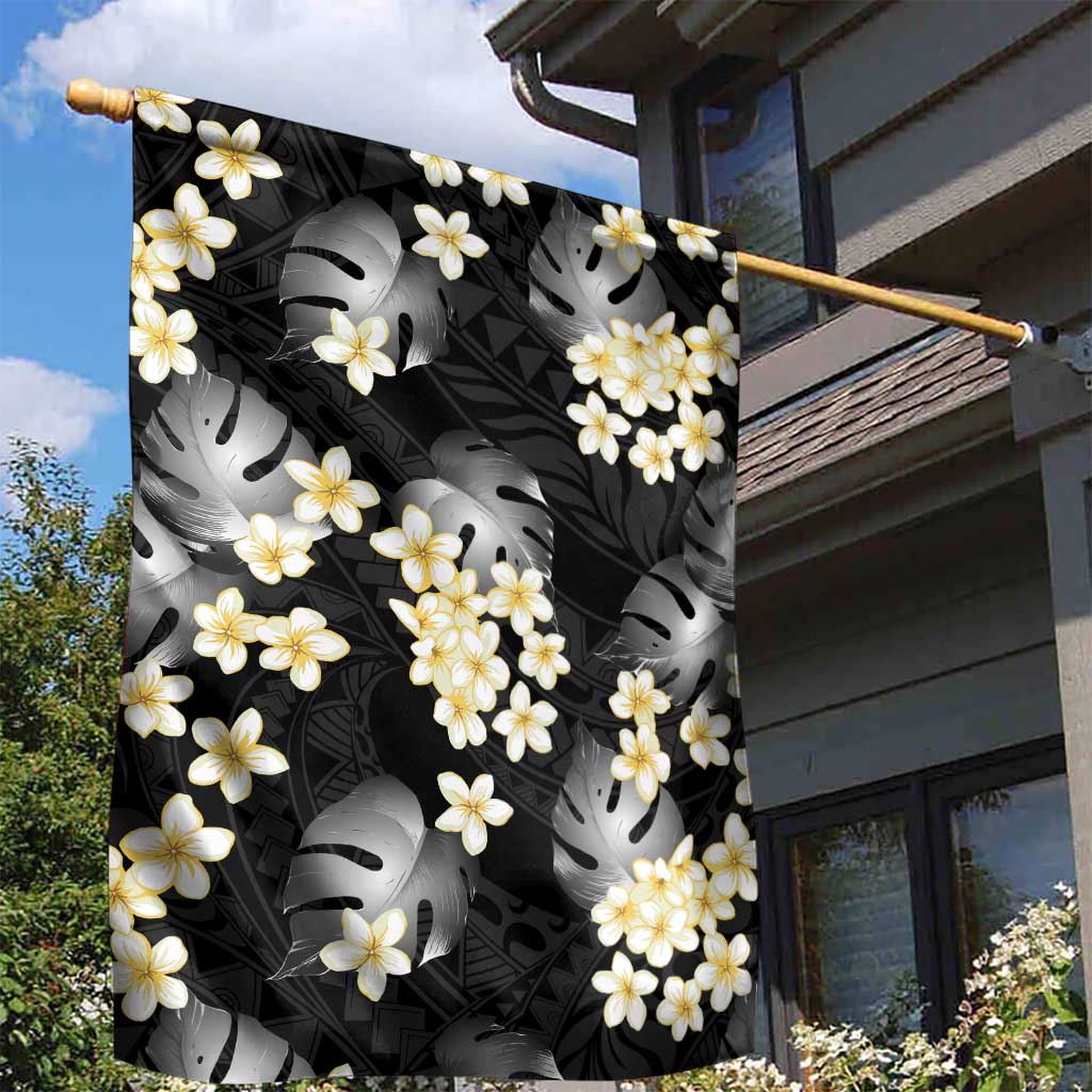 Black Tropical Hawaii Garden Flag Seamless Monstera Plumeria Hawaiian Pattern - Polynesian Pride