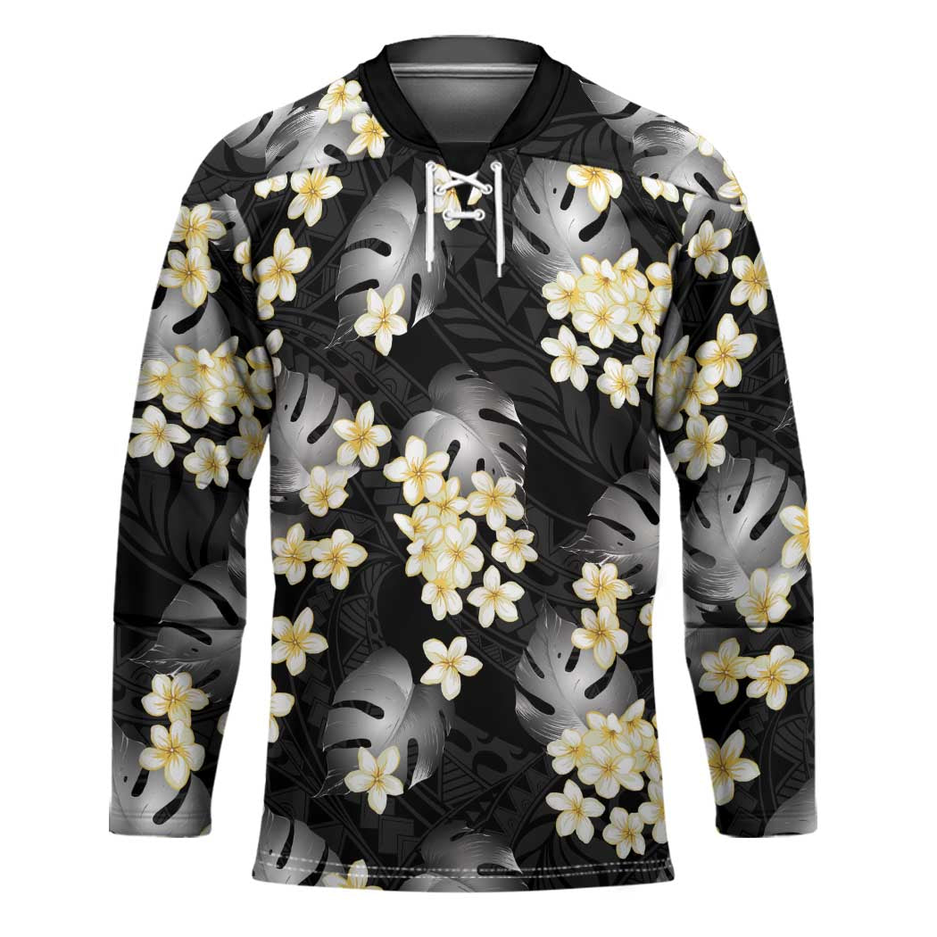 Black Tropical Hawaii Hockey Jersey Seamless Monstera Plumeria Hawaiian Pattern - Polynesian Pride