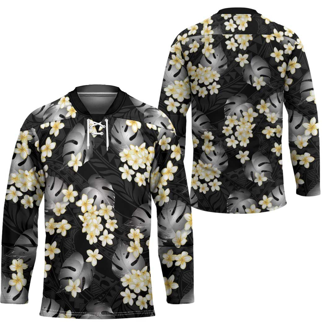 Black Tropical Hawaii Hockey Jersey Seamless Monstera Plumeria Hawaiian Pattern - Polynesian Pride