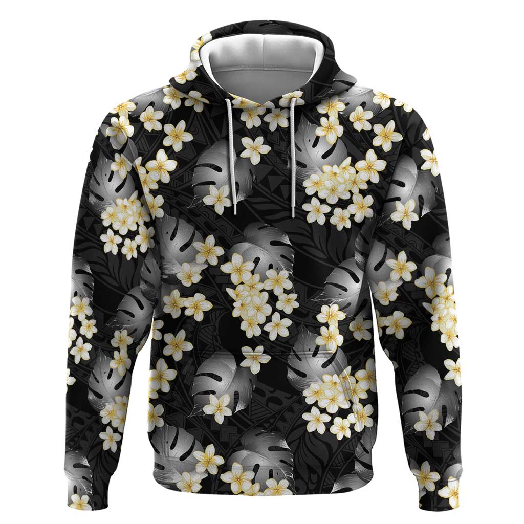 Black Tropical Hawaii Hoodie Seamless Monstera Plumeria Hawaiian Pattern - Polynesian Pride