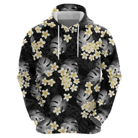 Black Tropical Hawaii Hoodie Seamless Monstera Plumeria Hawaiian Pattern - Polynesian Pride