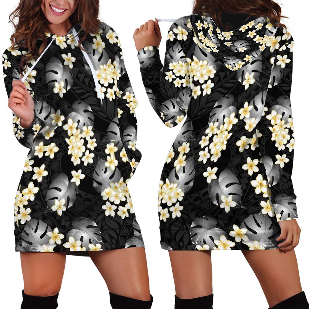 Black Tropical Hawaii Hoodie Dress Seamless Monstera Plumeria Hawaiian Pattern - Polynesian Pride