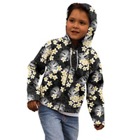 Black Tropical Hawaii Kid Hoodie Seamless Monstera Plumeria Hawaiian Pattern - Polynesian Pride