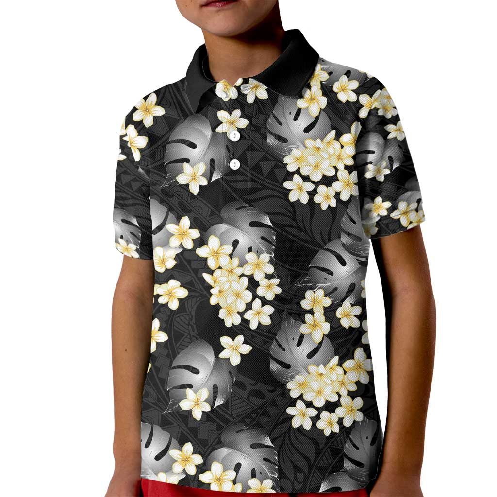Black Tropical Hawaii Kid Polo Shirt Seamless Monstera Plumeria Hawaiian Pattern - Polynesian Pride