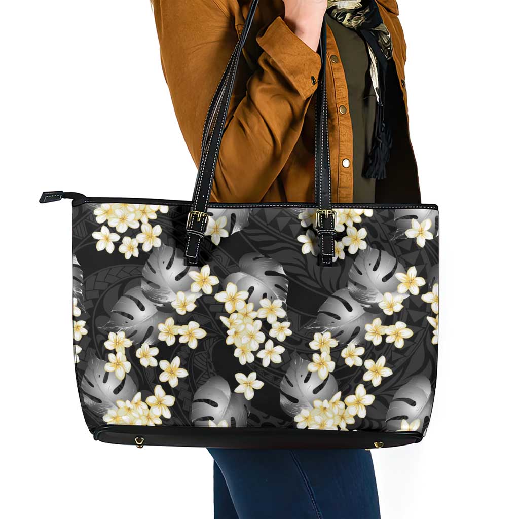 Black Tropical Hawaii Leather Tote Bag Seamless Monstera Plumeria Hawaiian Pattern - Polynesian Pride