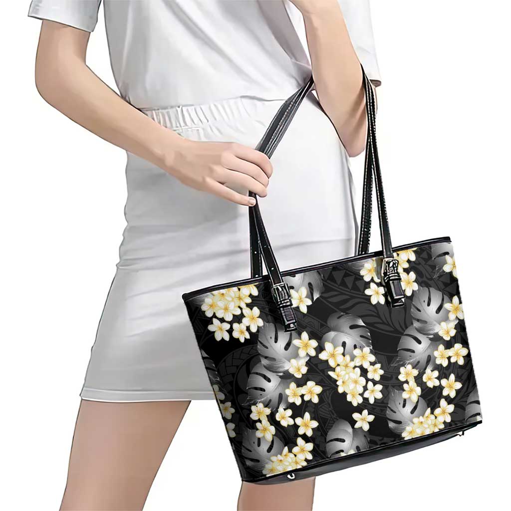 Black Tropical Hawaii Leather Tote Bag Seamless Monstera Plumeria Hawaiian Pattern - Polynesian Pride