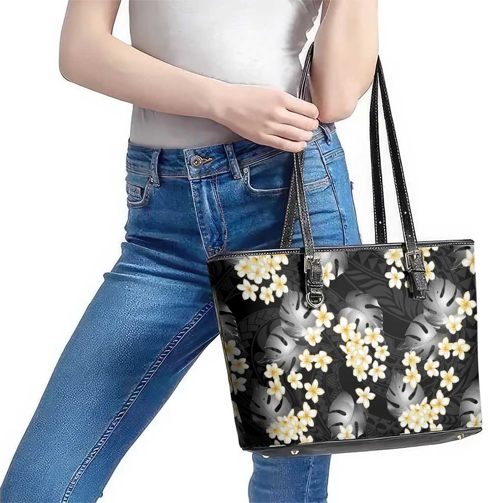 Black Tropical Hawaii Leather Tote Bag Seamless Monstera Plumeria Hawaiian Pattern - Polynesian Pride