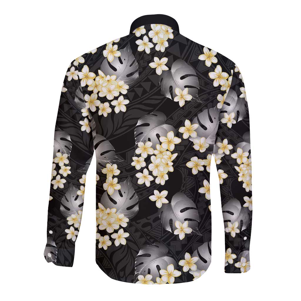 Black Tropical Hawaii Long Sleeve Button Shirt Seamless Monstera Plumeria Hawaiian Pattern - Polynesian Pride