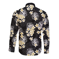 Black Tropical Hawaii Long Sleeve Button Shirt Seamless Monstera Plumeria Hawaiian Pattern - Polynesian Pride