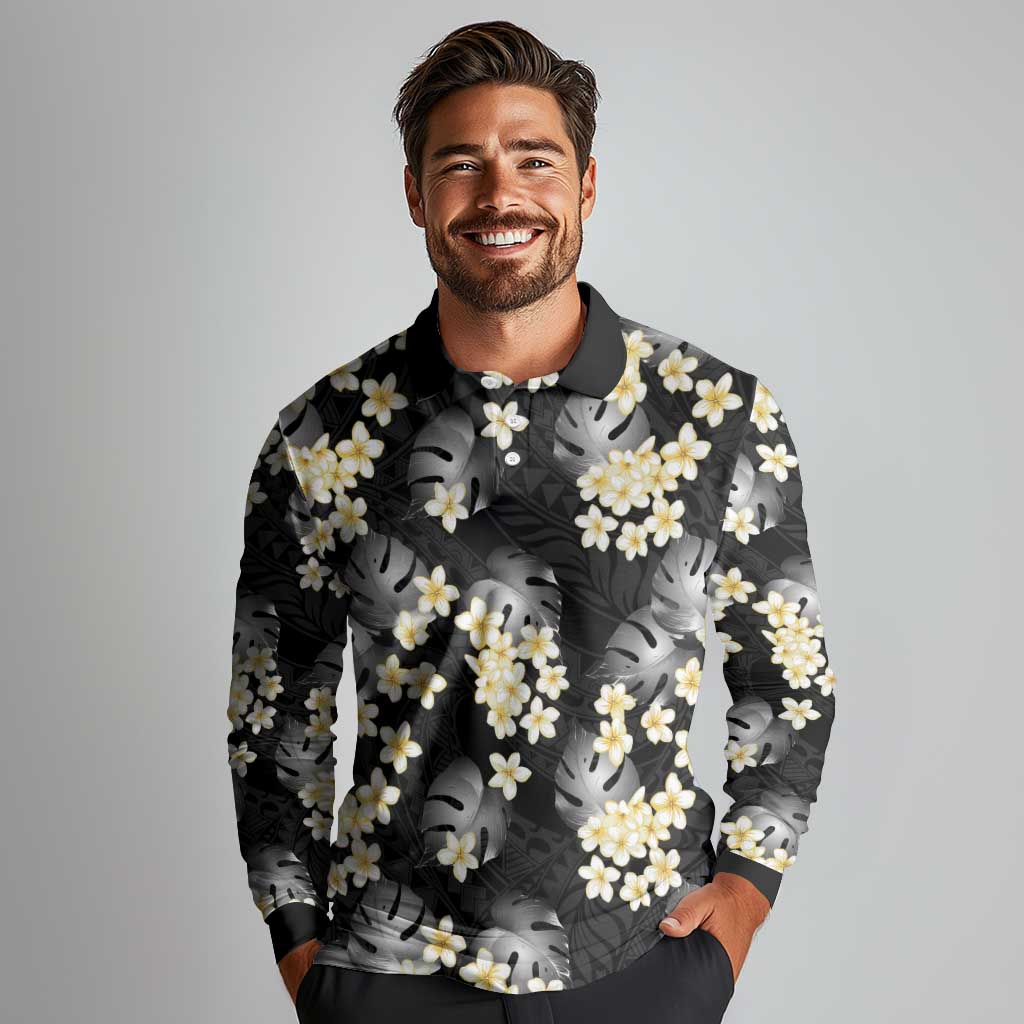 Black Tropical Hawaii Long Sleeve Polo Shirt Seamless Monstera Plumeria Hawaiian Pattern - Polynesian Pride