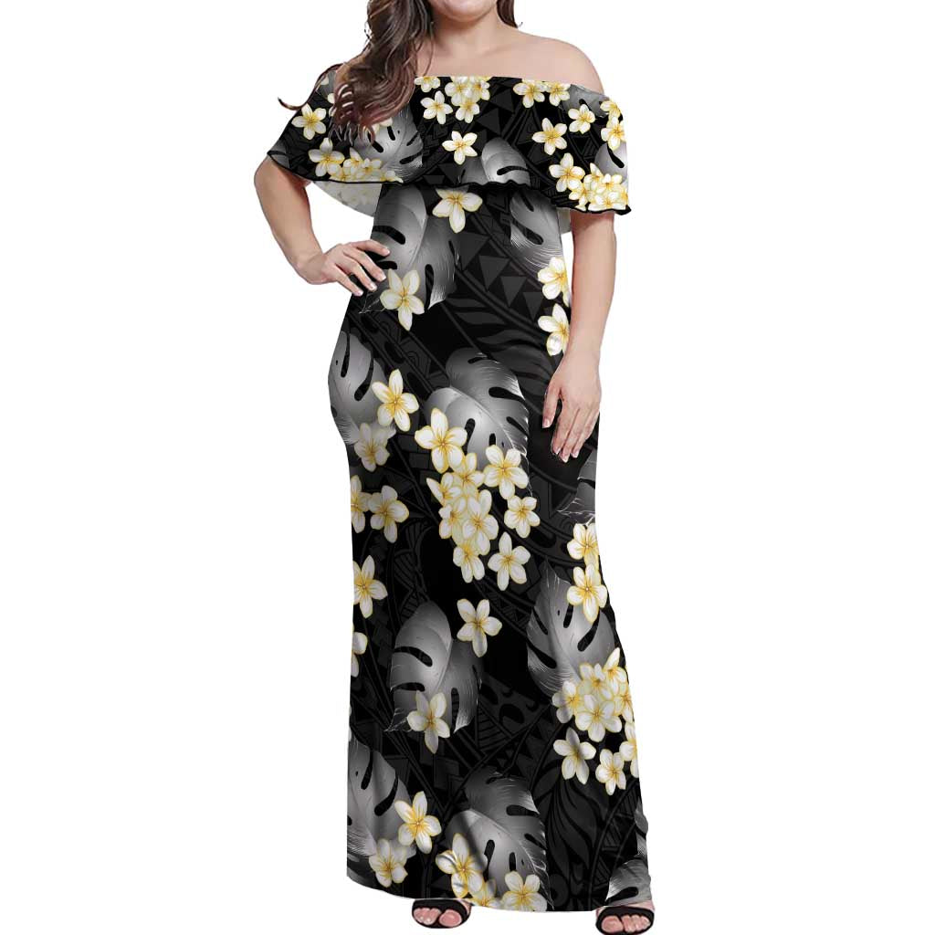 Black Tropical Hawaii Off Shoulder Maxi Dress Seamless Monstera Plumeria Hawaiian Pattern - Polynesian Pride