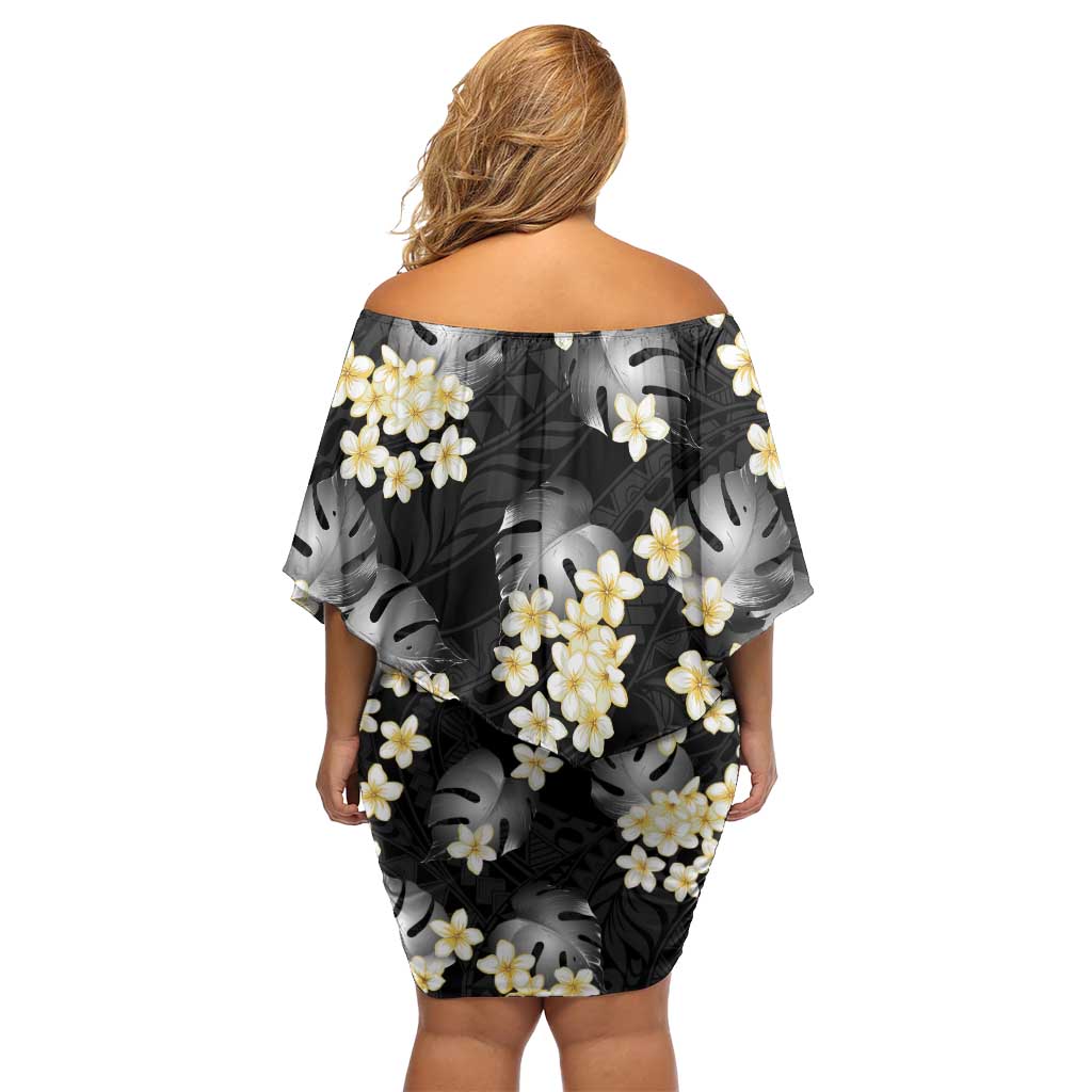 Black Tropical Hawaii Off Shoulder Short Dress Seamless Monstera Plumeria Hawaiian Pattern - Polynesian Pride