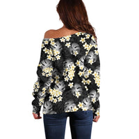 Black Tropical Hawaii Off Shoulder Sweater Seamless Monstera Plumeria Hawaiian Pattern - Polynesian Pride