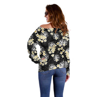 Black Tropical Hawaii Off Shoulder Sweater Seamless Monstera Plumeria Hawaiian Pattern - Polynesian Pride