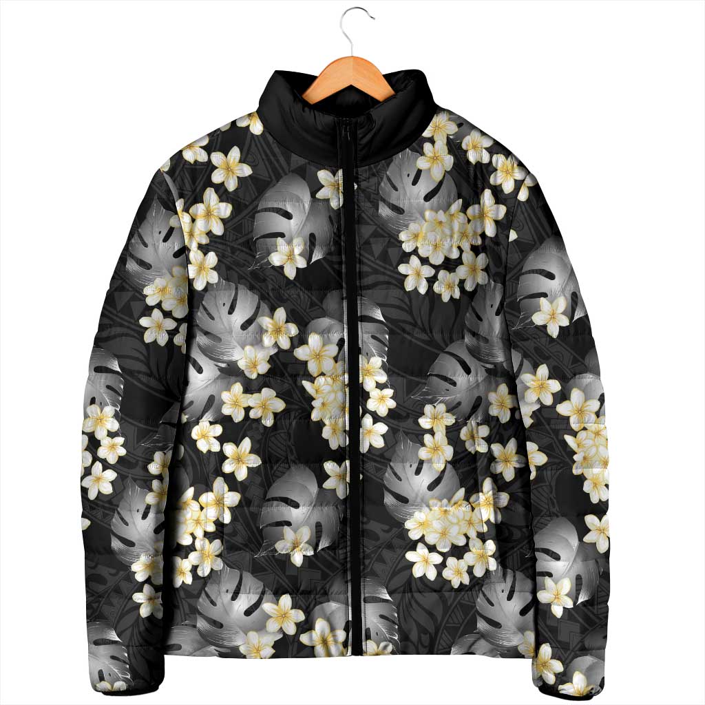Black Tropical Hawaii Padded Jacket Seamless Monstera Plumeria Hawaiian Pattern - Polynesian Pride