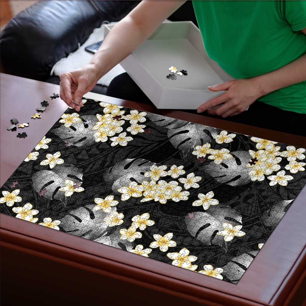 Black Tropical Hawaii Puzzle Seamless Monstera Plumeria Hawaiian Pattern - Polynesian Pride