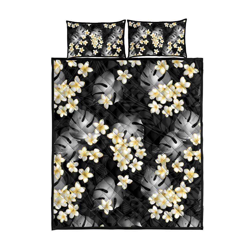 Black Tropical Hawaii Quilt Bed Set Seamless Monstera Plumeria Hawaiian Pattern - Polynesian Pride