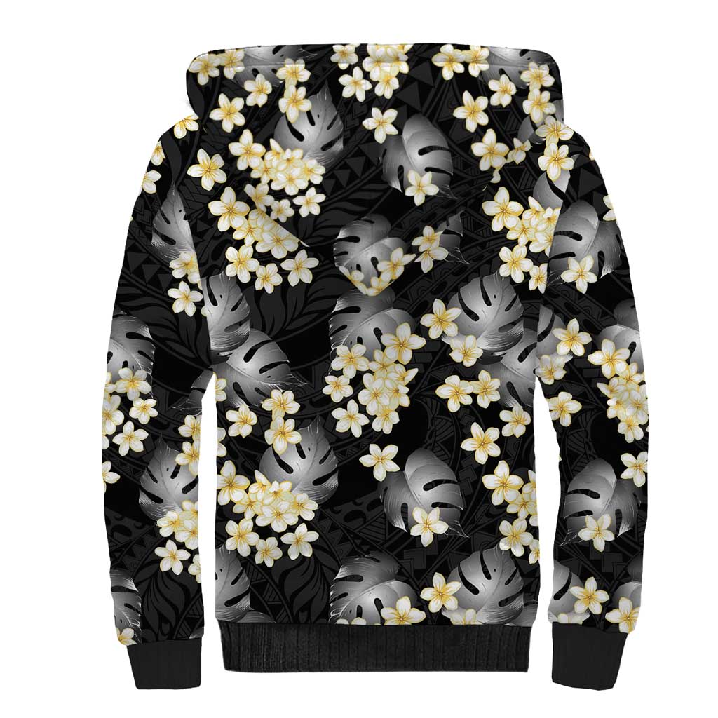 Black Tropical Hawaii Sherpa Hoodie Seamless Monstera Plumeria Hawaiian Pattern - Polynesian Pride