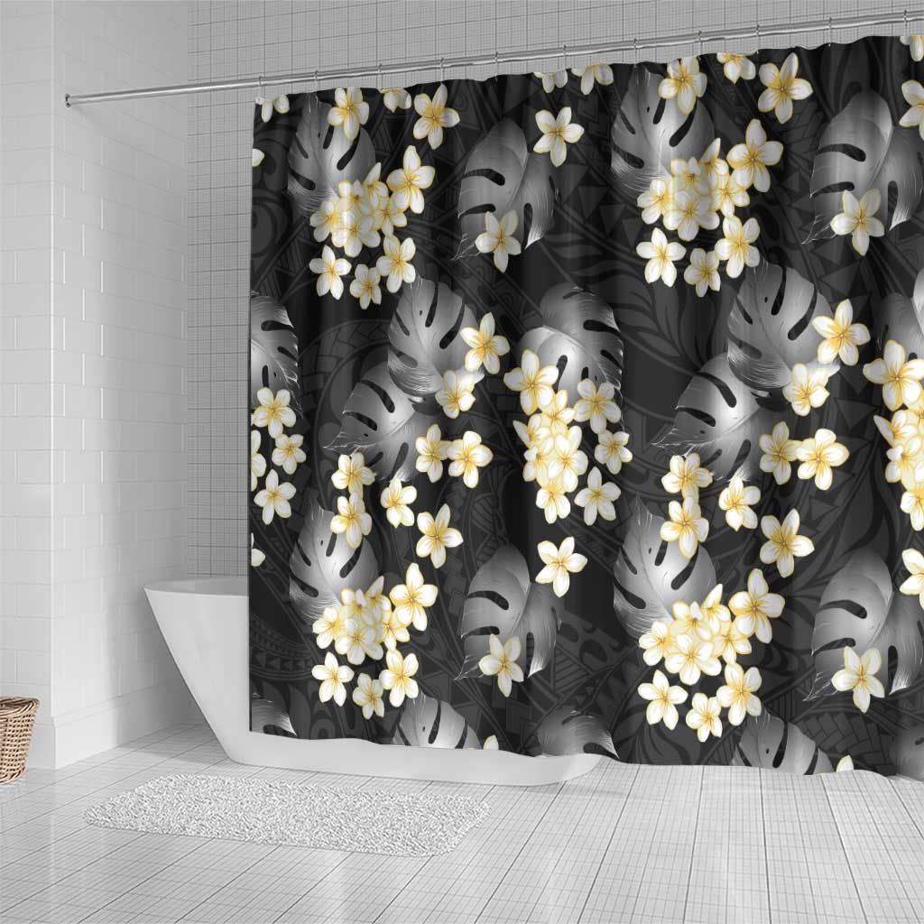Black Tropical Hawaii Shower Curtain Seamless Monstera Plumeria Hawaiian Pattern - Polynesian Pride