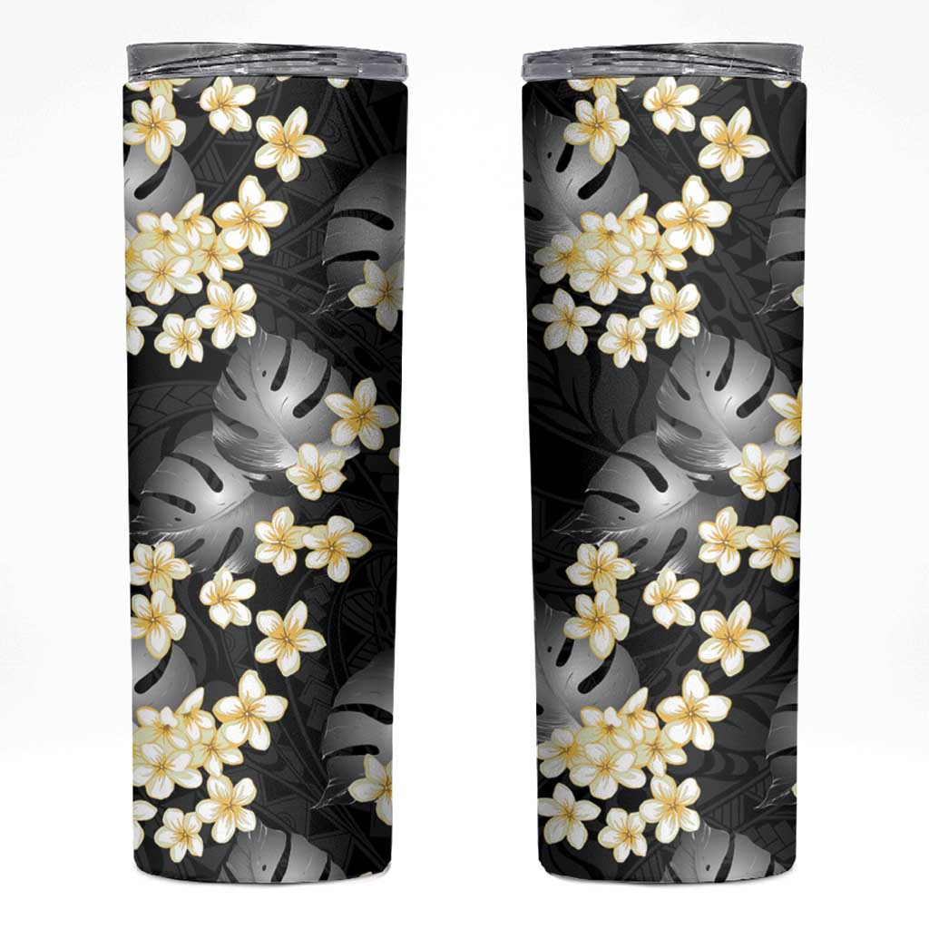 Black Tropical Hawaii Skinny Tumbler Seamless Monstera Plumeria Hawaiian Pattern - Polynesian Pride