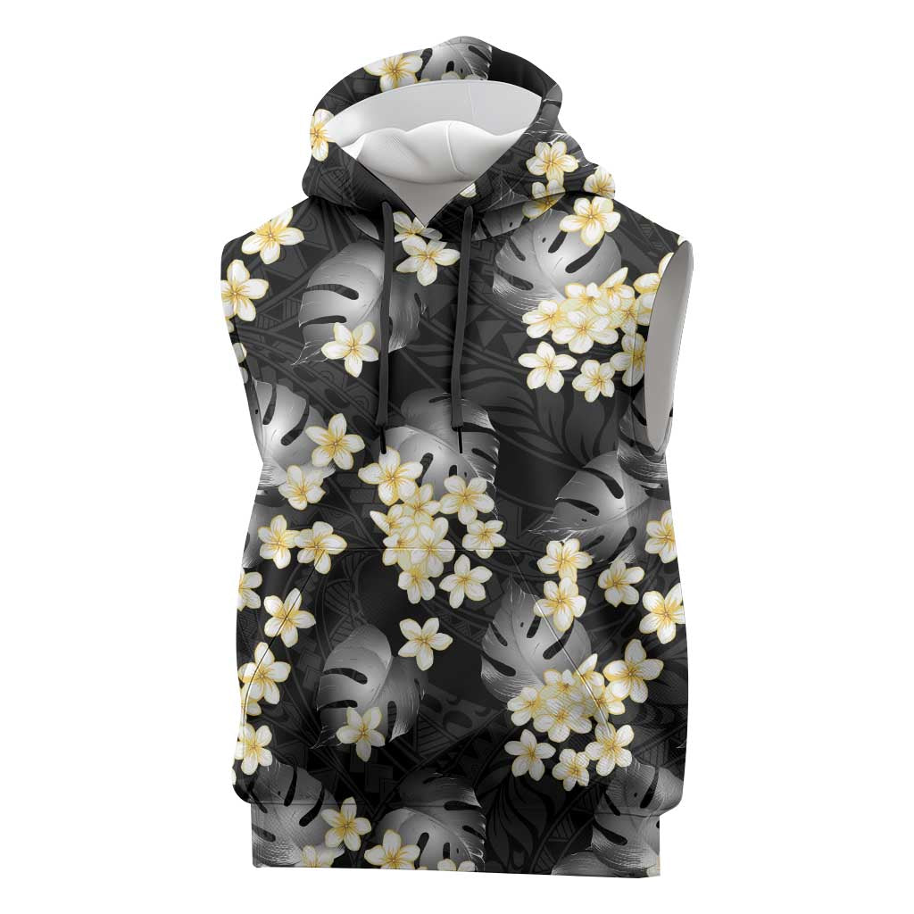 Black Tropical Hawaii Sleeveless Hoodie Seamless Monstera Plumeria Hawaiian Pattern - Polynesian Pride