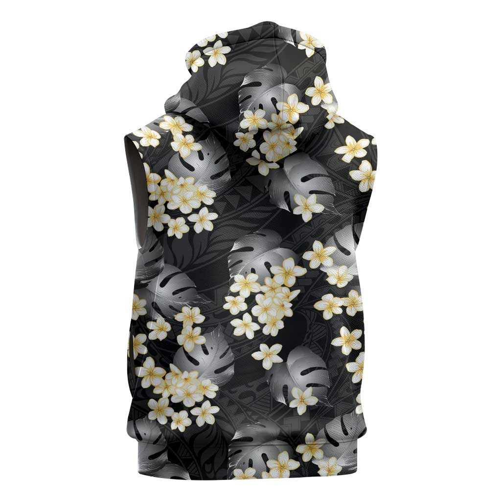 Black Tropical Hawaii Sleeveless Hoodie Seamless Monstera Plumeria Hawaiian Pattern - Polynesian Pride