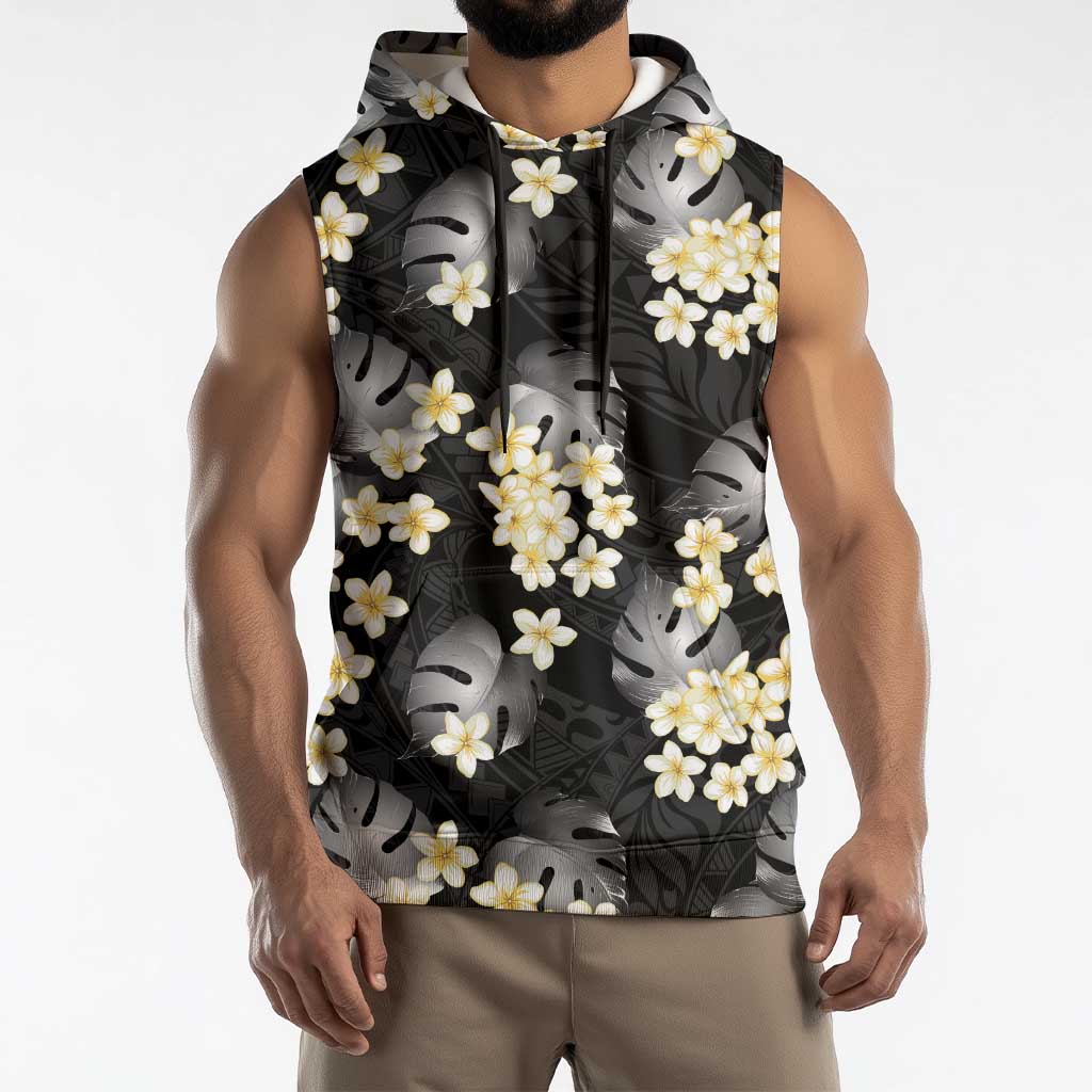 Black Tropical Hawaii Sleeveless Hoodie Seamless Monstera Plumeria Hawaiian Pattern - Polynesian Pride