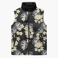 Black Tropical Hawaii Sleeveless Puffer Jacket Seamless Monstera Plumeria Hawaiian Pattern - Polynesian Pride