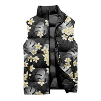 Black Tropical Hawaii Sleeveless Puffer Jacket Seamless Monstera Plumeria Hawaiian Pattern - Polynesian Pride
