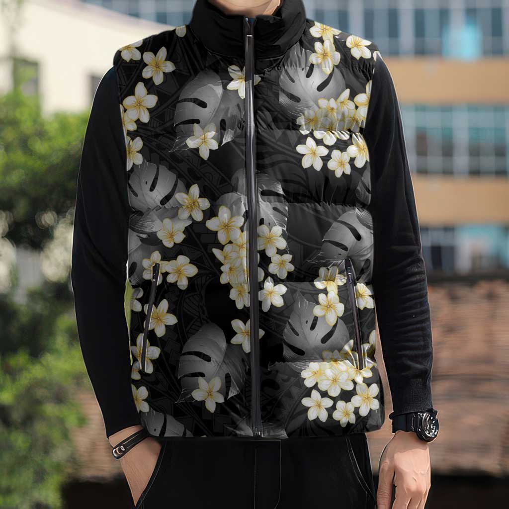 Black Tropical Hawaii Sleeveless Puffer Jacket Seamless Monstera Plumeria Hawaiian Pattern - Polynesian Pride