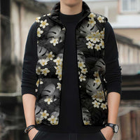 Black Tropical Hawaii Sleeveless Puffer Jacket Seamless Monstera Plumeria Hawaiian Pattern - Polynesian Pride