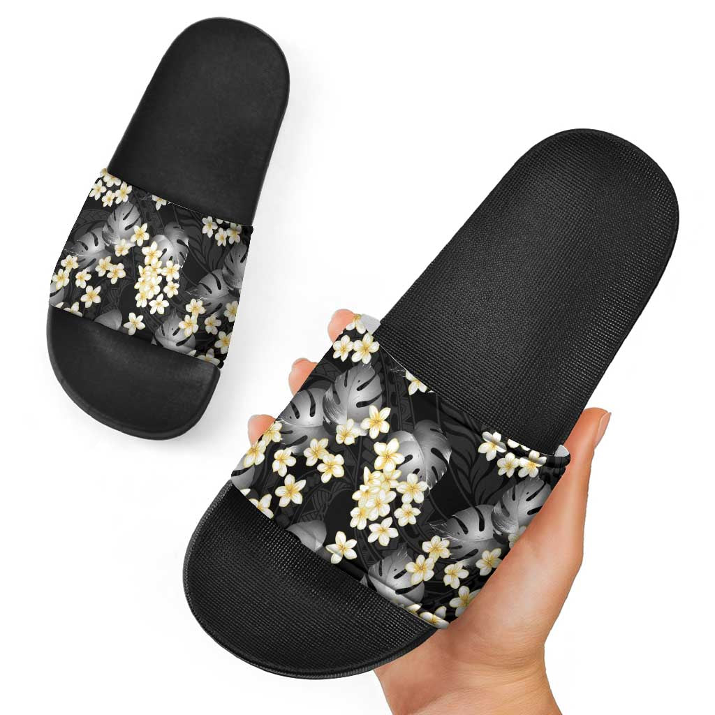 Black Tropical Hawaii Slide Sandals Seamless Monstera Plumeria Hawaiian Pattern - Polynesian Pride
