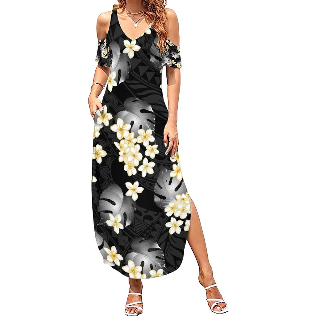 Black Tropical Hawaii Summer Maxi Dress Seamless Monstera Plumeria Hawaiian Pattern - Polynesian Pride