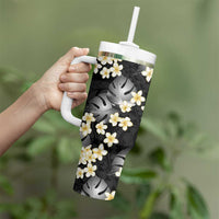 Black Tropical Hawaii Tumbler With Handle Seamless Monstera Plumeria Hawaiian Pattern - Polynesian Pride