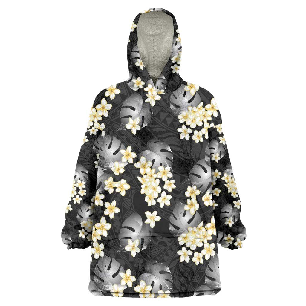Black Tropical Hawaii Wearable Blanket Hoodie Seamless Monstera Plumeria Hawaiian Pattern - Polynesian Pride
