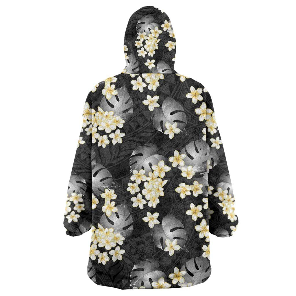 Black Tropical Hawaii Wearable Blanket Hoodie Seamless Monstera Plumeria Hawaiian Pattern - Polynesian Pride