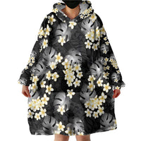 Black Tropical Hawaii Wearable Blanket Hoodie Seamless Monstera Plumeria Hawaiian Pattern - Polynesian Pride