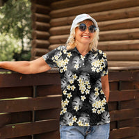 Black Tropical Hawaii Women Polo Shirt Seamless Monstera Plumeria Hawaiian Pattern - Polynesian Pride