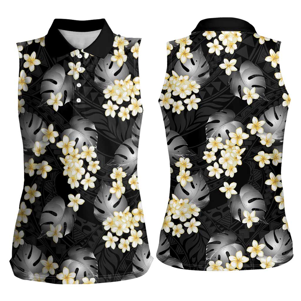Black Tropical Hawaii Women Sleeveless Polo Shirt Seamless Monstera Plumeria Hawaiian Pattern - Polynesian Pride