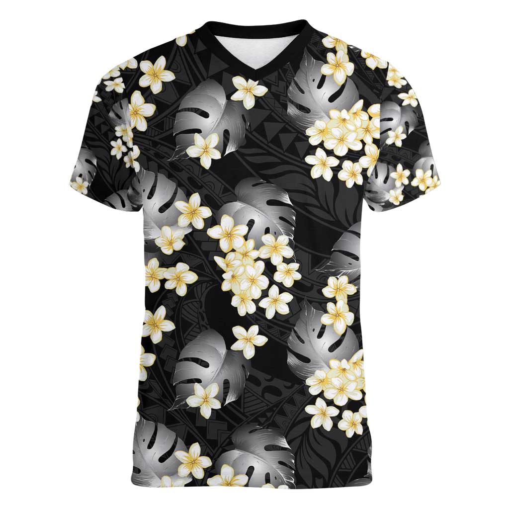 Black Tropical Hawaii Women V-Neck T-Shirt Seamless Monstera Plumeria Hawaiian Pattern - Polynesian Pride
