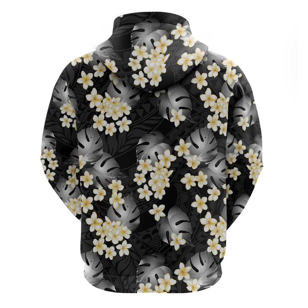 Black Tropical Hawaii Zip Hoodie Seamless Monstera Plumeria Hawaiian Pattern - Polynesian Pride
