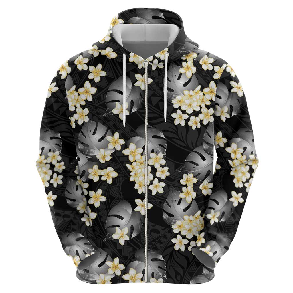 Black Tropical Hawaii Zip Hoodie Seamless Monstera Plumeria Hawaiian Pattern - Polynesian Pride