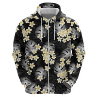 Black Tropical Hawaii Zip Hoodie Seamless Monstera Plumeria Hawaiian Pattern - Polynesian Pride