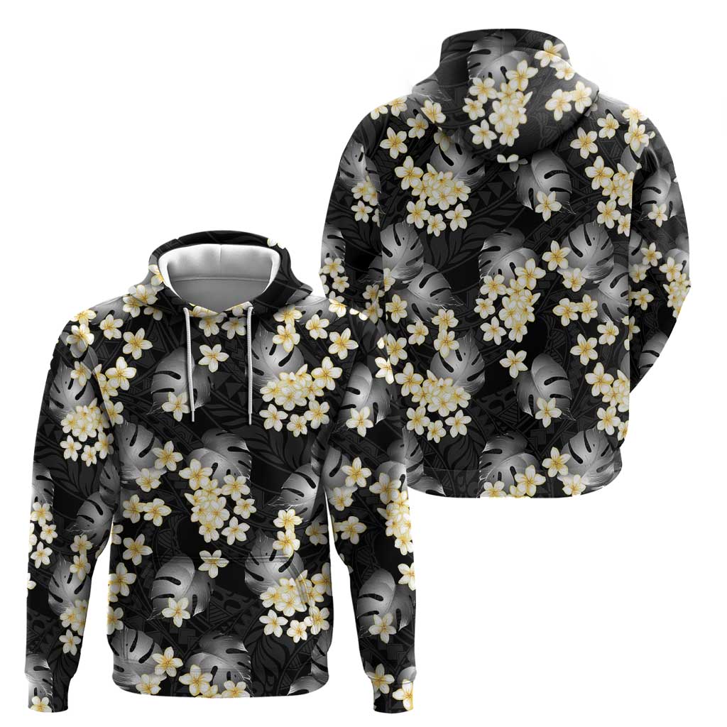 Black Tropical Hawaii Zip Hoodie Seamless Monstera Plumeria Hawaiian Pattern - Polynesian Pride