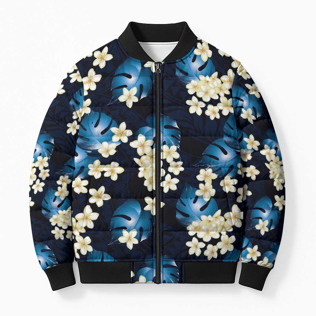 Blue Tropical Hawaii Bomber Puffer Jacket Seamless Monstera Plumeria Hawaiian Pattern - Polynesian Pride