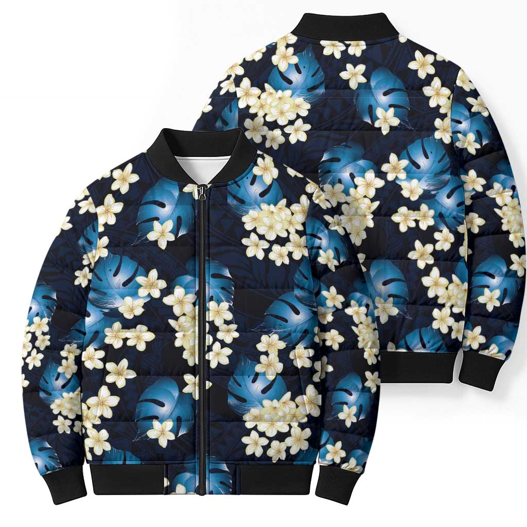 Blue Tropical Hawaii Bomber Puffer Jacket Seamless Monstera Plumeria Hawaiian Pattern - Polynesian Pride