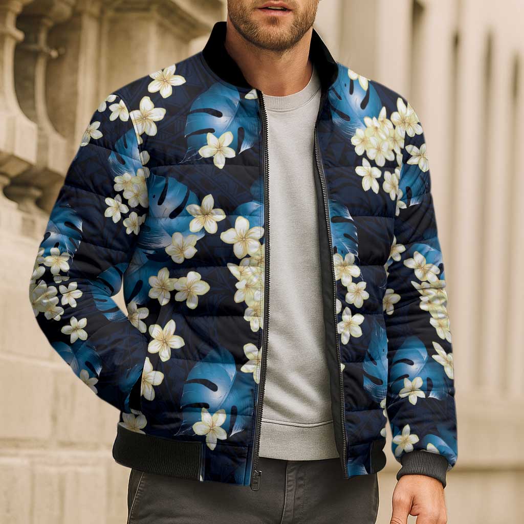 Blue Tropical Hawaii Bomber Puffer Jacket Seamless Monstera Plumeria Hawaiian Pattern - Polynesian Pride