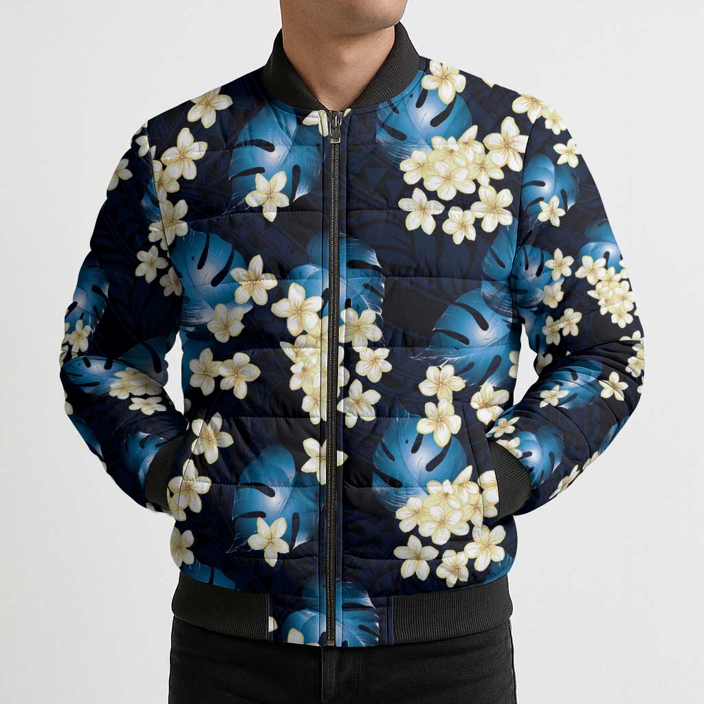 Blue Tropical Hawaii Bomber Puffer Jacket Seamless Monstera Plumeria Hawaiian Pattern - Polynesian Pride