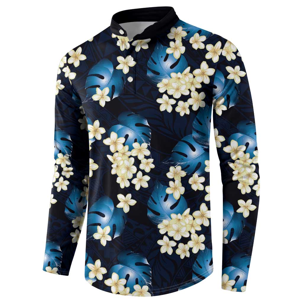Blue Tropical Hawaii Button Sweatshirt Seamless Monstera Plumeria Hawaiian Pattern - Polynesian Pride